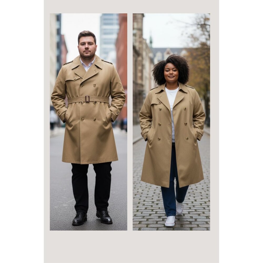 Unisex Khaki Long Double-Breasted Trench‎ Coat With Belt